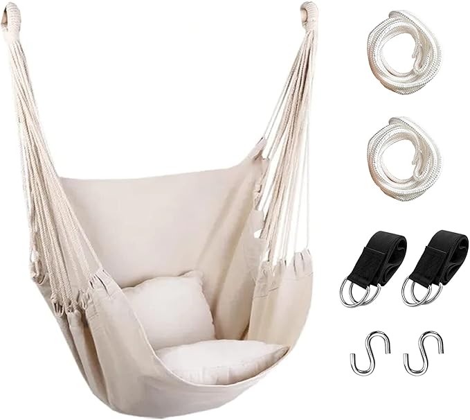Hommtina Hammock Chair Hanging Rope Swing, Max 300 Lbs Hanging Chair with Pocket & Durability Perfect for Outdoor, Home, Bedroom, Patio, Yard (Pillows NOT Included,Beige)