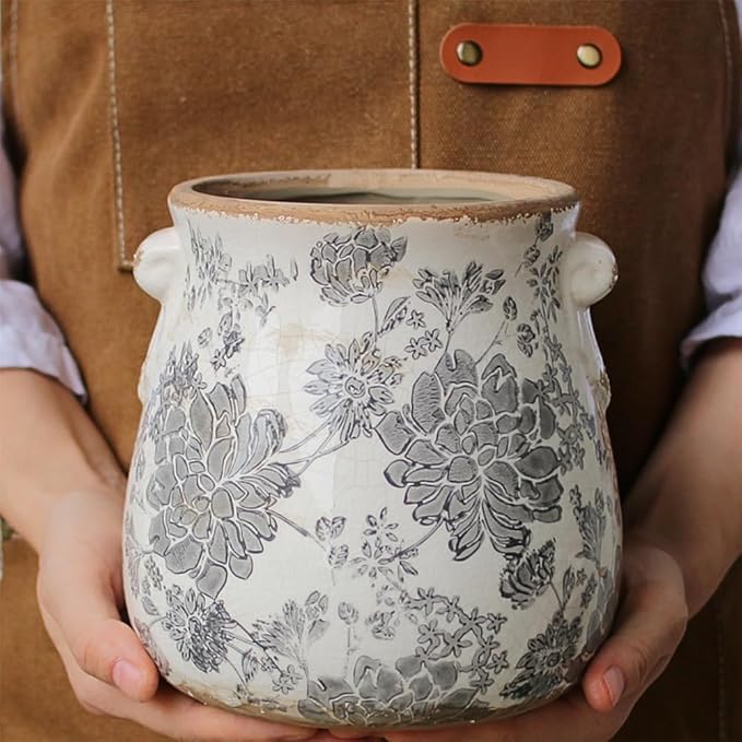 6.68in. Tuscan Planter & Room and Home Decor, Decorative Vase, Indoor/Outdoor Ceramic Plant Pot w/Drainage, French Country Decor Boho Decor, Gifts for Women Birthday Unique, Vintage Grey