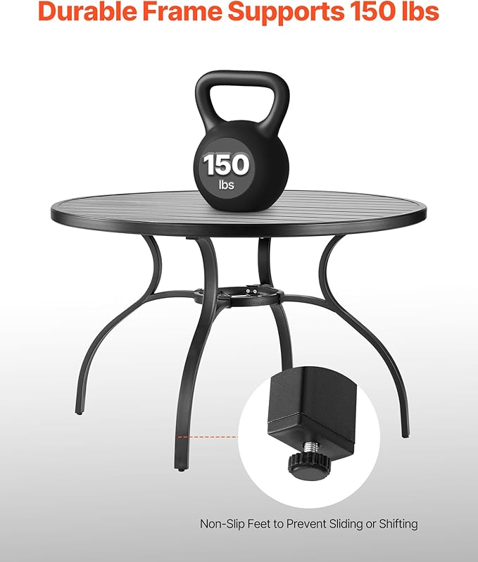 VEVOR Outdoor Patio Dining Table, 47 inch Round Metal Steel Slat Backyard Bistro Tables, with 1.5 in Umbrella Hole, Outside All-Weather Large Furniture for Lawn Garden Porch, Black