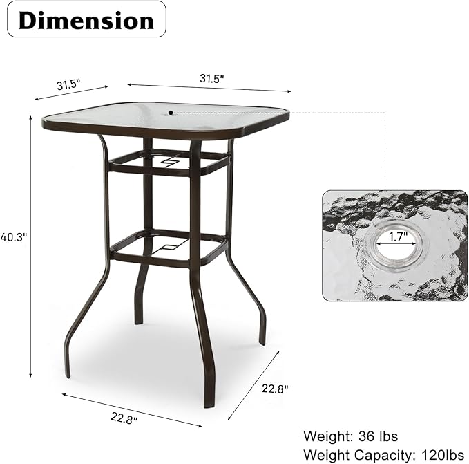 VINGLI Outdoor Bar Table with Umbrella Hole, Metal Patio Bar Height Pub Table for Patio High Top (Brown)