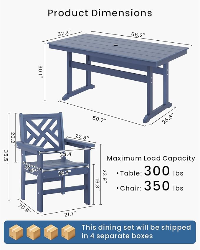 7-Piece Outdoor Dining Set, HDPE All-Weather Patio Table and Chairs Set for 6, Outdoor Patio Furniture Sets with Umbrella Hole for Outside, Deck, Backyard, Garden (Navy Blue)