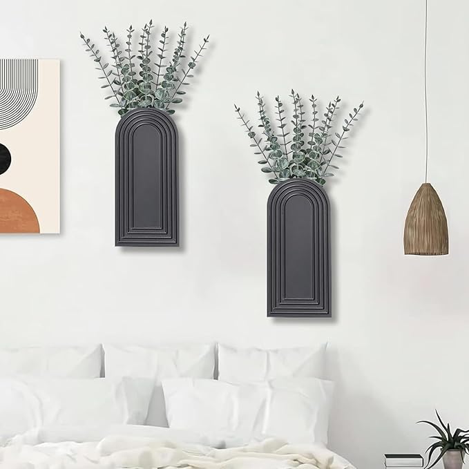 2 Pack Wooden Wall Vase Set - Black Finish Modern Farmhouse & Boho Wall Decor for Entryway, Hallway, Bathroom, Living Room, Dining Room, Narrow Spaces