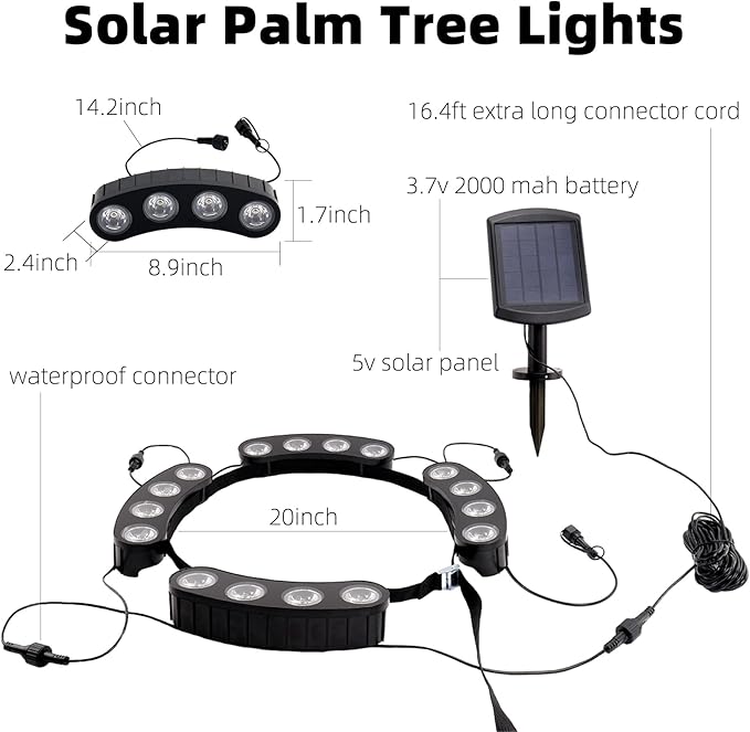 Solar Palm Tree Lights Outdoor, 2000MAH Ring LED Landscape Uplights for Tree, IP65 Waterproof, 2-In-1 (Sticked&Tied), Upgraded COB Flood Spotlights for Pathway, Garden, Yard, Decor（Warm-White）