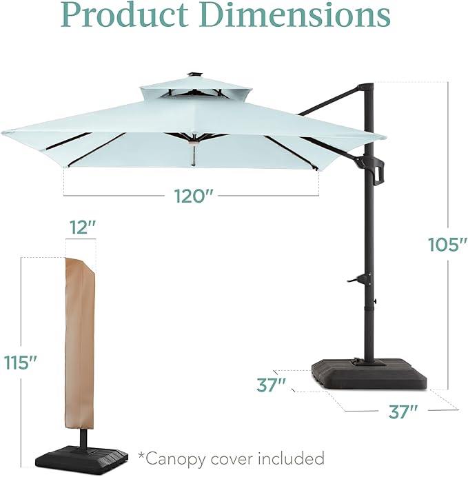 Best Choice Products 10x10ft Cantilever Patio Umbrella w/Base Included, Solar LED Lights 360 Rotation Large Offset Hanging Outdoor Shade for Deck Pool Backyard w/Stand – Baby Blue