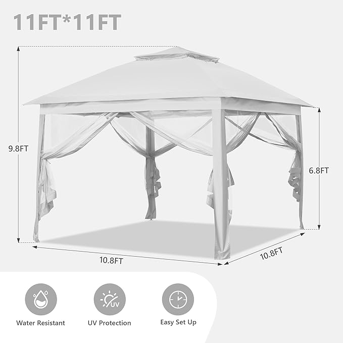 GDY 11x11 Pop Up Canopy Tent, Outdoor Canopy with Netting, Outdoor Gazebo for Backyard, Tent with Hand Bag, White.