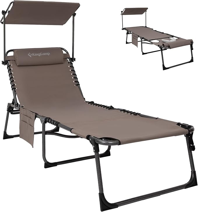 KingCamp Tanning Chair with Face Hole, Lounge Chairs Outdoor Folding Comfy Adjustable 5-Position Foldable Chaise Chaser with Canopy Shade for Outside Beach Patio Sun Bathing, Beige