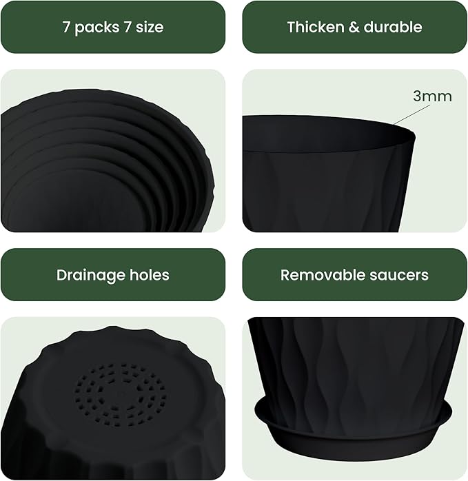 7/6.5/6/5.5/5/4.5/4 inch Plastic Plant Pots, 7 Pack Flower Planter for Indoor Outdoor Plant, Planters with Drainage Holes and Trays (Black)