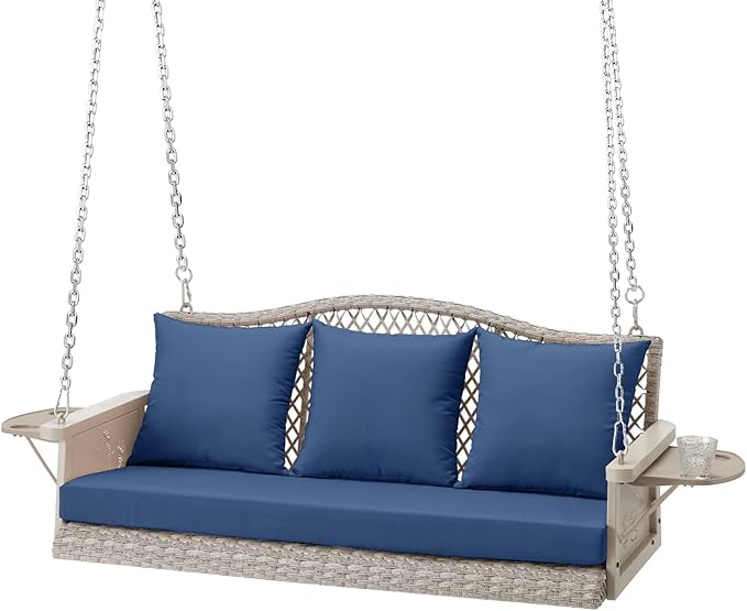 Upgraded Wicker Hanging Porch Swing Heavy Duty 900 LBS 3-Seat Outdoor Patio Swing Chair Bench for Adult w/ 8.9ft Hanging Chains Cushions and Cup Holder(Grey/Blue)