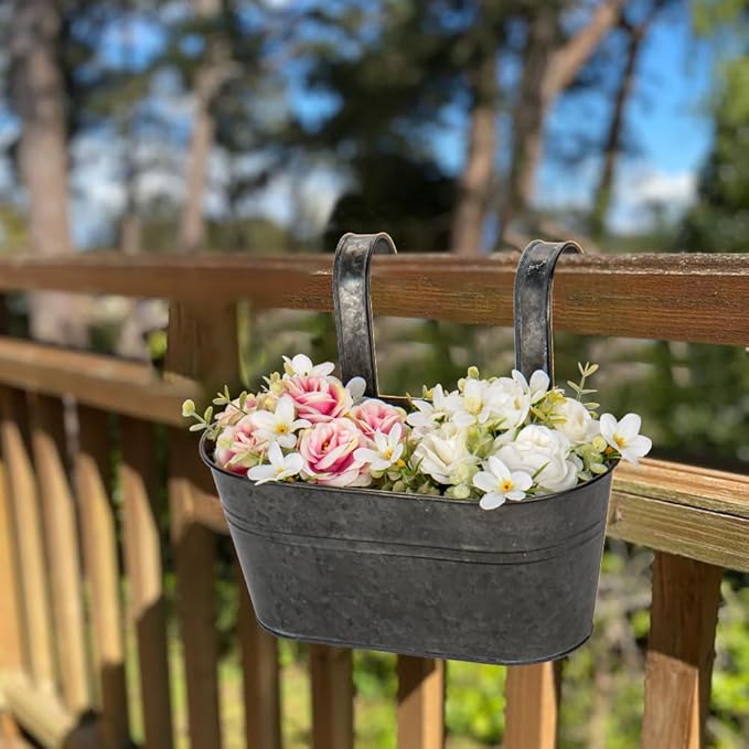 Briful 10'' Hanging Planter Outdoor 5PCS Metal Railing Planter for Herb Flower, Oval Galvanized Buckets with Detachable Hooks, Garden Fence Balcony Windowsill Hanging Pot, Black