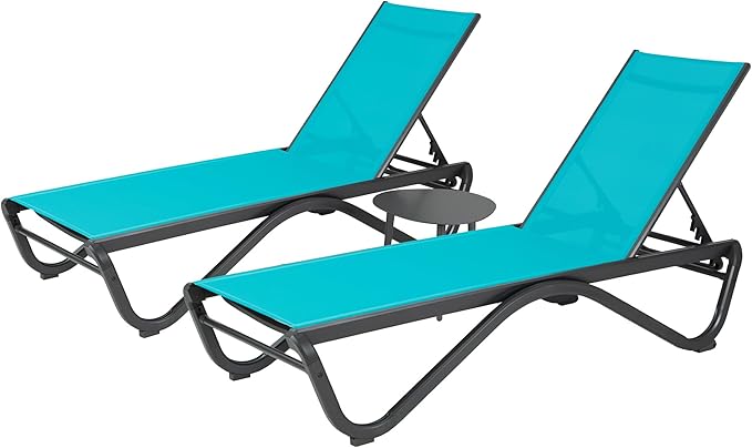 Kozyard Outdoor Chaise Lounge Chair, Full Aluminum Frame, Adjustable Reclining Patio Lounger for Poolside, Sunbathing & Backyard, Textilene (Aqua, 2Chairs + Table)