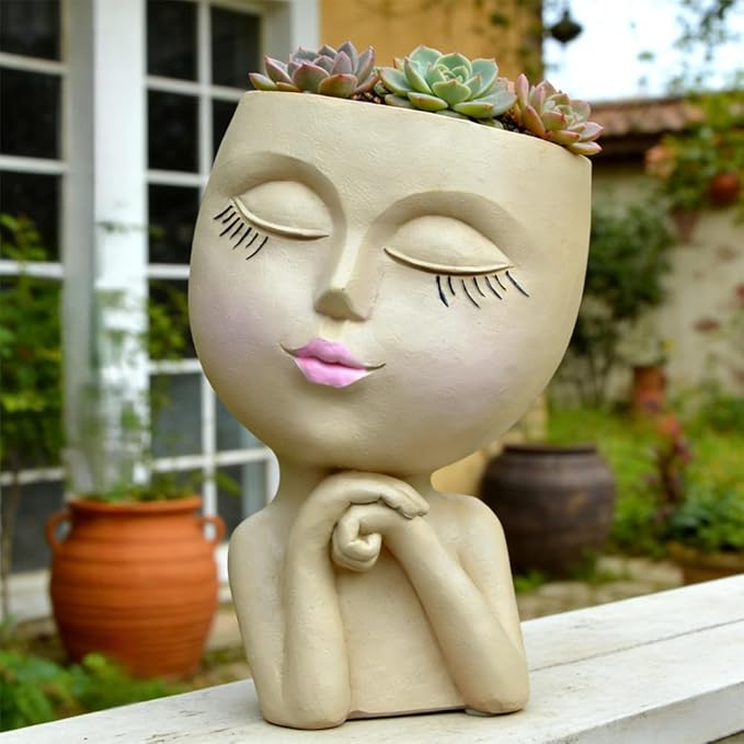 Face Head Planter, Funny Heads Plant Pots, Cute Girl Faces Plant Pot, Decorative Flower Pots, Cute Succulent Pots with Drainage for Home Garden Decor, Plant Lover's Gifts for Women (7" Khaki)
