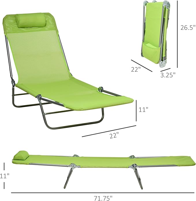 Outsunny 2 Piece Folding Chaise Lounge Chairs, Pool Sun Tanning Chairs with Reclining Back, Breathable Mesh Seat, Headrest for Beach, Yard, Patio, Green