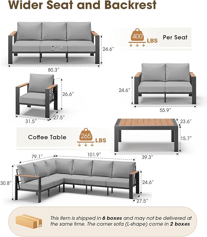 Aluminum Outdoor Patio Furniture Set 6 Seats, Outdoor Sectional Corner Sofa with Thick Waterproof Cushions & Coffee Table, Patio Conversation Sets for Backyard, Porch, Balcony, Deck, Gray