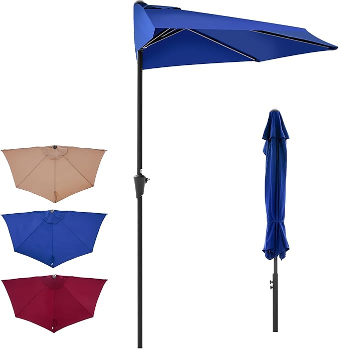 OLIXIS Half 9Ft Umbrella Outdoor Patio, Scalloped Patio Umbrella with Easy Crank, Sun Half Patio Umbrella for Balcony, Market, Garden, Blue