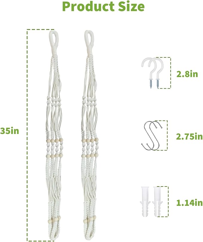 Macrame Plant Hanger Set of 2, 35 Inch Indoor Hanging Planter with 4 Hooks, Macrame Plant Hangers for Pots, No Tassels Boho Home Decor, Ivory (Pots Not Included)