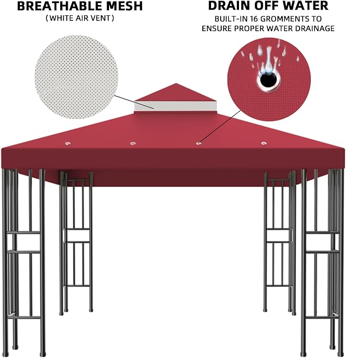 Sumfaller 10x10 FT Gazebo Replacement Canopy Top Cover Double Tiered Canopy Top Cover for Outdoor BBQ Roof Cover Grill Shelter (Red)