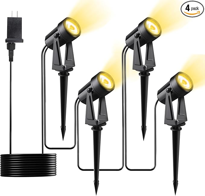 Low Voltage Landscape Lighting,4 Pack Outdoor LED Landscape Spotlights with Transformer 27V Garden Lights Pathway Lights IP65 Waterproof 3000K Warm White