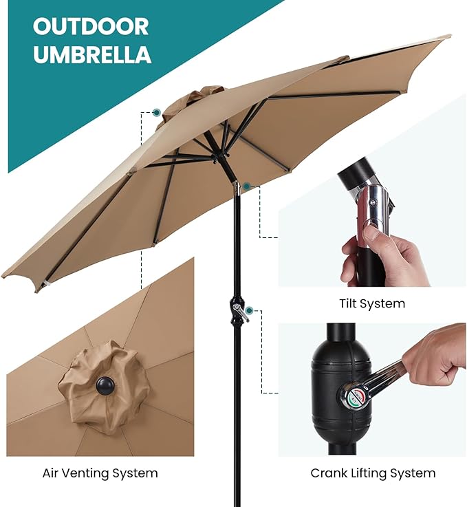 OLIXIS 9ft Patio Umbrella with Tilt and Crank Button & 8 Sturdy Ribs Waterproof, Patio Table Umbrella Perfect for Poolside, Terrace, Beach and Outdoor Restaurant, Khaki