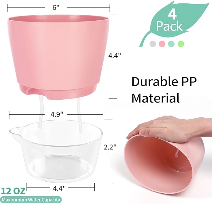 4 Pcs Self Watering Plant Pot , 6 inch Plant Pot with Drainage Hole and Large Capacity Reservoir, Pots for Plants with Saucer, 2 in 1 Indoor Plant Pots indoor Perfect for Living Room, Odorless