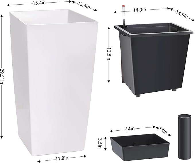 Garvee 30" Tall Planters Set of 2, Outdoor＆Indoor Black Planter Pots, High Front Porch Planter Pots with Drainage Holes＆Water Level Monitor＆Inner Bucket,White
