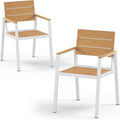 Outdoor Patio Dining Chairs Set of 2, Aluminum & HDPS All-Weather Dining Chairs for Deck, Lawn, Backyard, Pool (White & Teak)