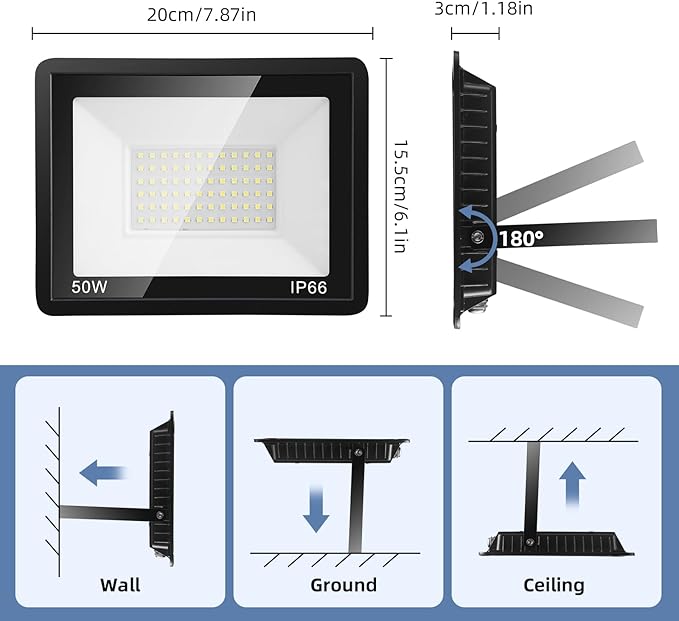 50W Flood Lights Outdoor,8000LM Bright LED Work Light,IP66 Waterproof Outside Lights for Yard with Switch and 6.5FT Plug,6500K Daylight White Portable Outdoor Yard Light for Garage,Garden,Stadium