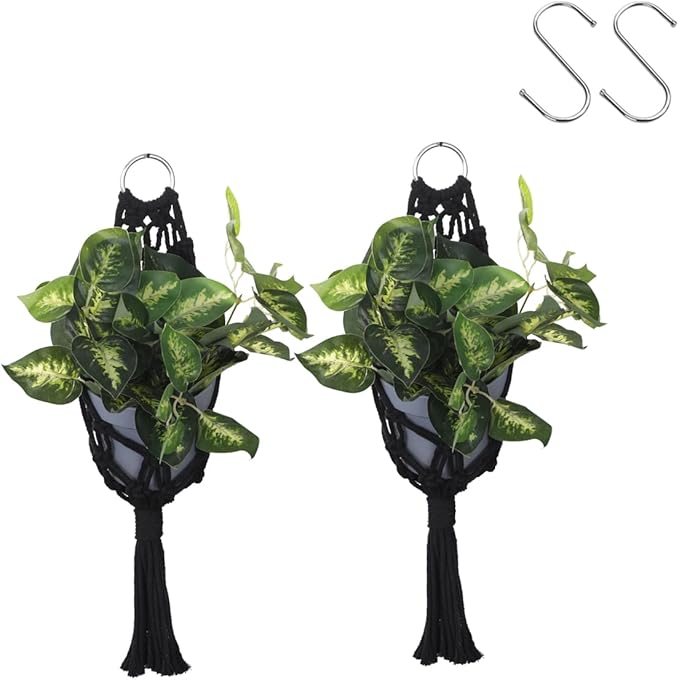 Artilady 2 Pack Black Macrame Plant Hanger Indoor - Large Hanging Planters for Wall Plants Holder Short Hademade Boho Farmhouse Rustic Home Decor (Black Plant Hanger-2pcs)