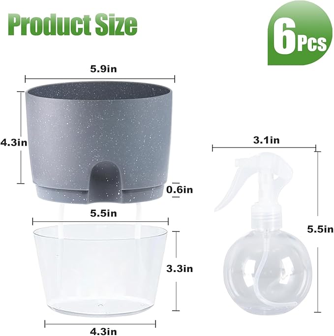 6 Inch Self Watering Pots for Indoor Plants, 6 Pack Grey Plastic Flower Pots with Drainage Holes for African Voilet Herbs All House Plants (Include 1 Spray Bottle)