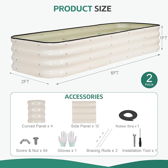 4 in 1 Galvanized Raised Garden Bed - 6x2x1ft (2Packs) Modular Planter Box Outdoor | Metal Raised Bed Kit with Bracing Rods for Gardening Vegetables Flowers Fruits Herbs (White)