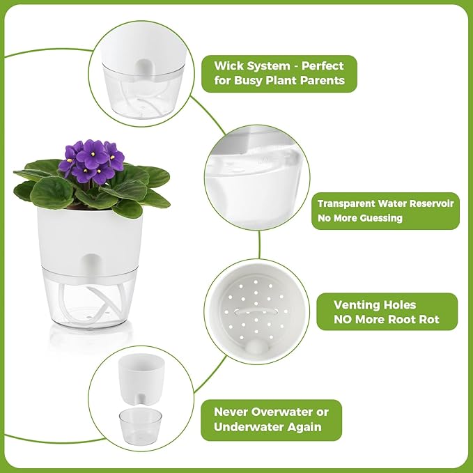 Planterhoma 8 Pack Self Watering Pots for Indoor Plants, 4 Inch Plant Pot Plastic Self Watering Planter for Orchid, African Violet, Small Clear Flower Pots with Drainage Holes and Wicking Rope, White