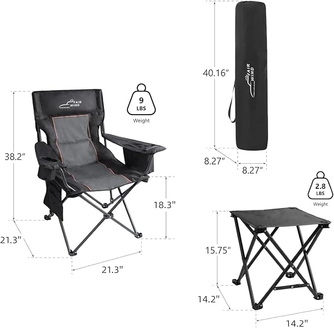 FAIR WIND Oversized Padded Camping Chair with Footrest Stool Set Heavy Duty Support 300 LBS Cooler Bag Chair - Black