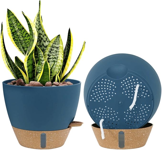 montresor 2 Pack 10 inch Plant Pots, PP Plastic Self Watering Plant Pot with Drainage and Tray for Indoor Outdoor Plants, Water Level Window & Reservoir Flower Pots Outdoor Decorative Planter (Blue)