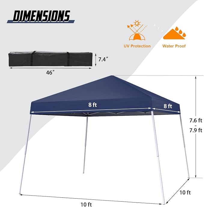 Canopy Tent, 10X10 FT Pop Up Canopy Outdoor Instant Tent Slant Legs with Carrying Bag, Portable Gazebo Shelter for Patio Deck Garden and Beach - 8X8 FT Canopy Cover (Dark Blue)
