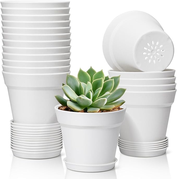 T4U 4 Inch Plant Pots 18-Pack, Small Flower Pots with Saucer and Drainage Hole, Durable Plastic Pots, Nursery Small Flower Pot Bulk for Plants, Succulent, Violet, Decorative (18 Pack 4" Pot, White)