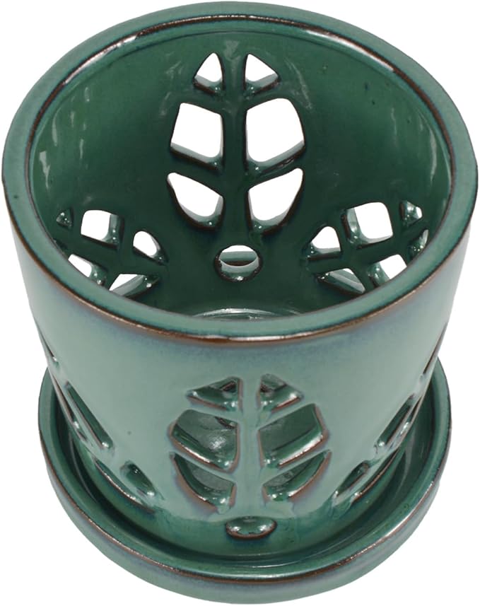 W&W Orchid Pot with Holes and Saucer for Repotting, Green, 5.5 Inches