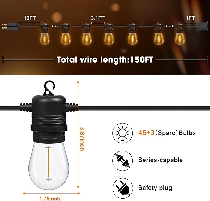 S14 LED Outdoor String Lights 150FT Patio Lights Outdoor Waterproof with 45+3 Shatterproof LED Bulbs, Hanging Backyard Lights for Outside Deck Patio Garden Balcony Decorations