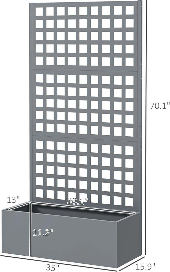 Outsunny Galvanized Raised Garden Bed with Trellis, Metal Planter Box with Drainage Holes, Outdoor Privacy Screen for Climbing Plants, Vegetable, Vines, 35" x 16" x 70", Gray Wood Effect