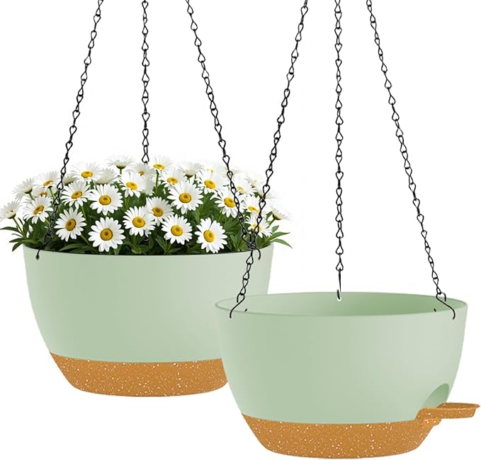 2 Pack 10 Inch Self Watering Hanging Planters for Indoor Plants, Large Green Brown Plastic Hanging Pots with Chains for Outdoor Patio Garden Home Decor (Green Brown)