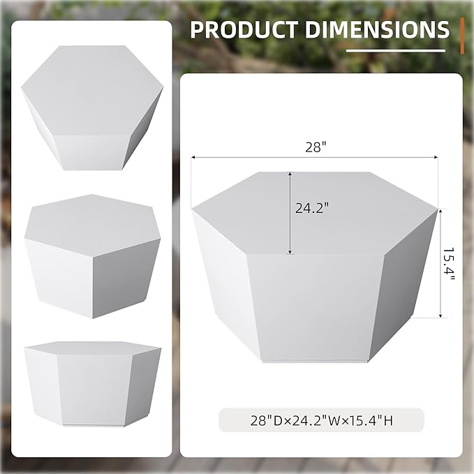 UPHA Outdoor Hexagon Coffee Table, Small Modern Minimalist Accent Tables, Low Light Concrete Center Table for Living Room, Outside Patio, Deck, 28×24.2×15.4, Pure White
