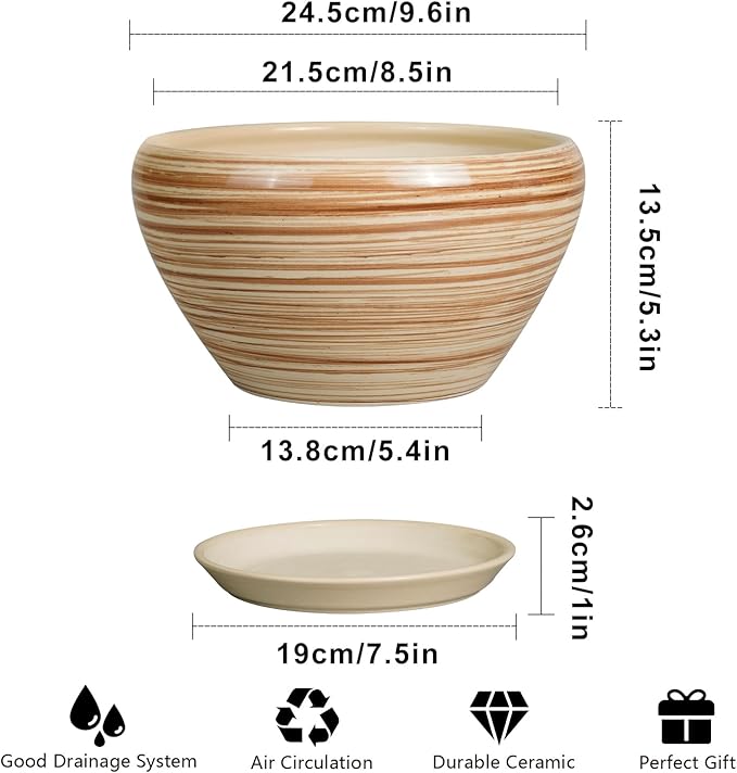 Indoor Planter 9 Inch - Ceramic Pots for Plants Plant Pot Indoor with Drainage Hole and Saucer Round Large Planter Modern Outdoor Flower Pot for House Patio Yellow