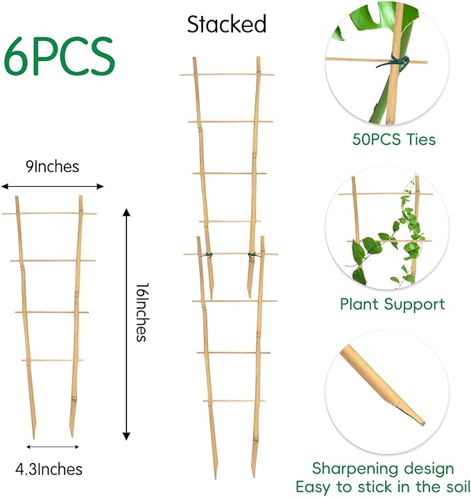 Bamboo Trellis 16" Ladder Vertical Gardening Plant Trellis for Climbing Plants Orchid Monstera and Indoor Potted Plants-6 Pack
