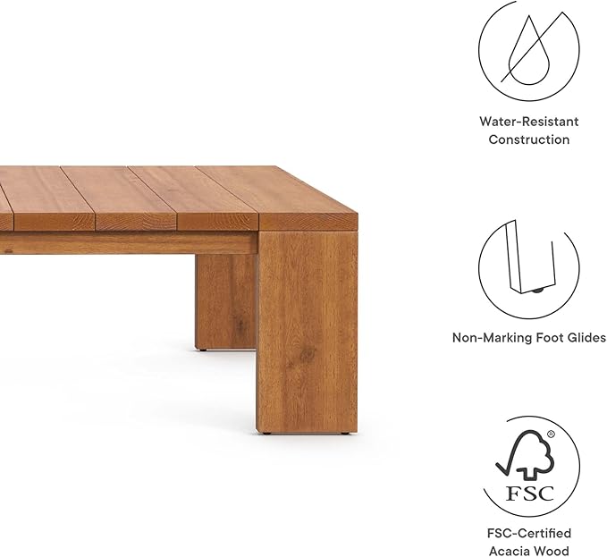 Modway Tahoe Acacia Wood Rectangular Outdoor Patio Coffee Table in Natural - Ideal as Garden Coffee Table or Porch Table