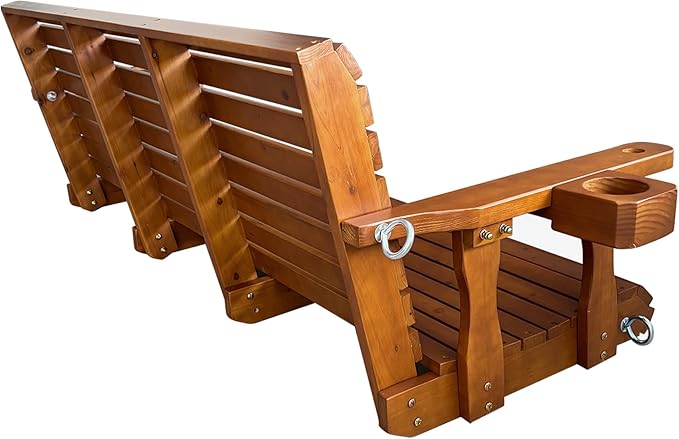 Wooden Porch Swing 3-Seater, Bench Swing with Cupholders, Hanging Chains and 7mm Springs, Heavy Duty 800 LBS, for Outdoor Patio Garden (Warm Teak Color, 5 FT Extra Large)
