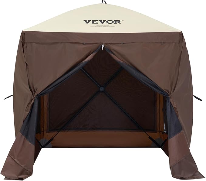 VEVOR Pop Up Gazebo Tent, Pop-Up Screen Tent 4 Sided Canopy Sun Shelter with 4 Removable Privacy Wind Cloths & Mesh Windows, 6x6FT Quick Set Screen Tent with Mosquito Netting, Brown