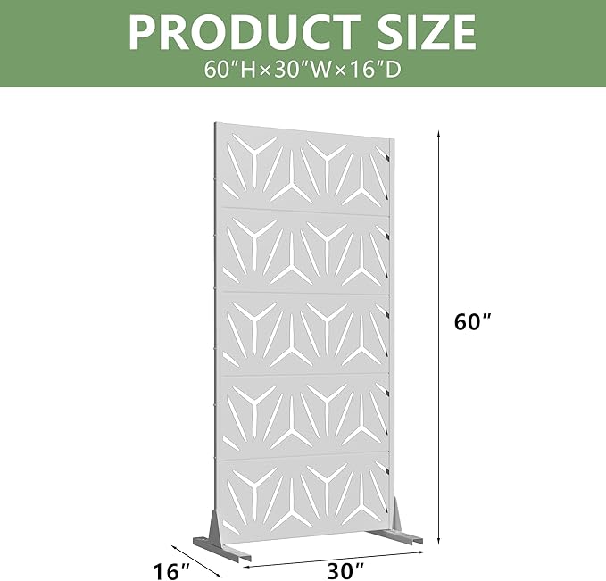 Casaphoria Metal Privacy Screen Outdoor, 60" H x 30" W Freestanding Decorative Privacy Screen for Patio Deck Balcony Garden with Stable Base, White-Star