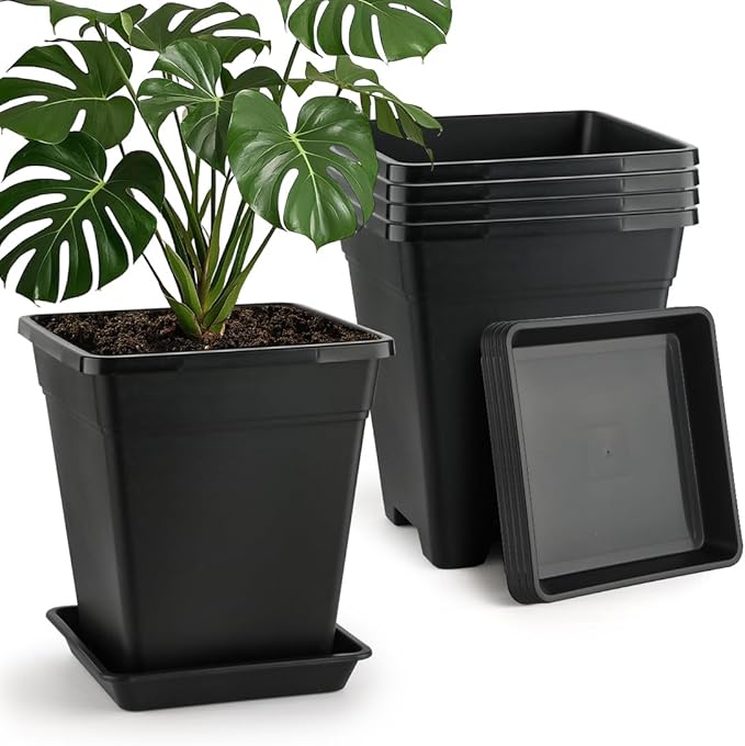 BTPLASTIK Plant Pots 10 Inch Set of 5, Large Square Plastic Planter with Drainage & Saucer, 5 Gallon Thick Outdoor Garden Pots Container for Outdoor Indoor, Flower Pots Planters