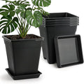 BTPLASTIK Plant Pots 10 Inch Set of 5, Large Square Plastic Planter with Drainage & Saucer, 5 Gallon Thick Outdoor Garden Pots Container for Outdoor Indoor, Flower Pots Planters