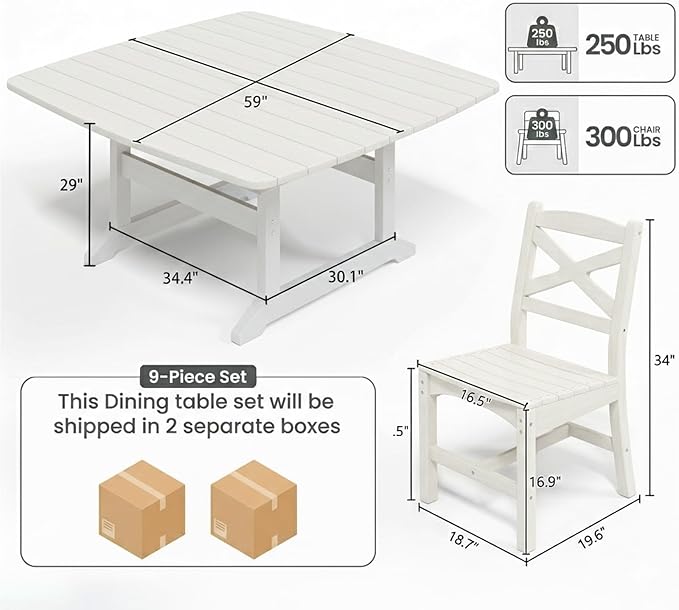 Outdoor Dining Set, HDPE 9-Piece Patio Table and Chairs Set, All-Weather Outdoor Dining Table Set for 8 with Umbrella Hole, Durable Patio Furniture Set with Chairs,White