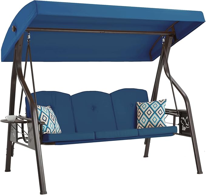 3-Seat Outdoor Porch Swing with Stand, Patio Swing with Canopy, 2 in 1 Porch Swing Bed & Patio Swing Chair for Adult w/Extra Pillows and Cup Holder for Yard (Blue)