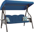 3-Seat Outdoor Porch Swing with Stand, Patio Swing with Canopy, 2 in 1 Porch Swing Bed & Patio Swing Chair for Adult w/Extra Pillows and Cup Holder for Yard (Blue)